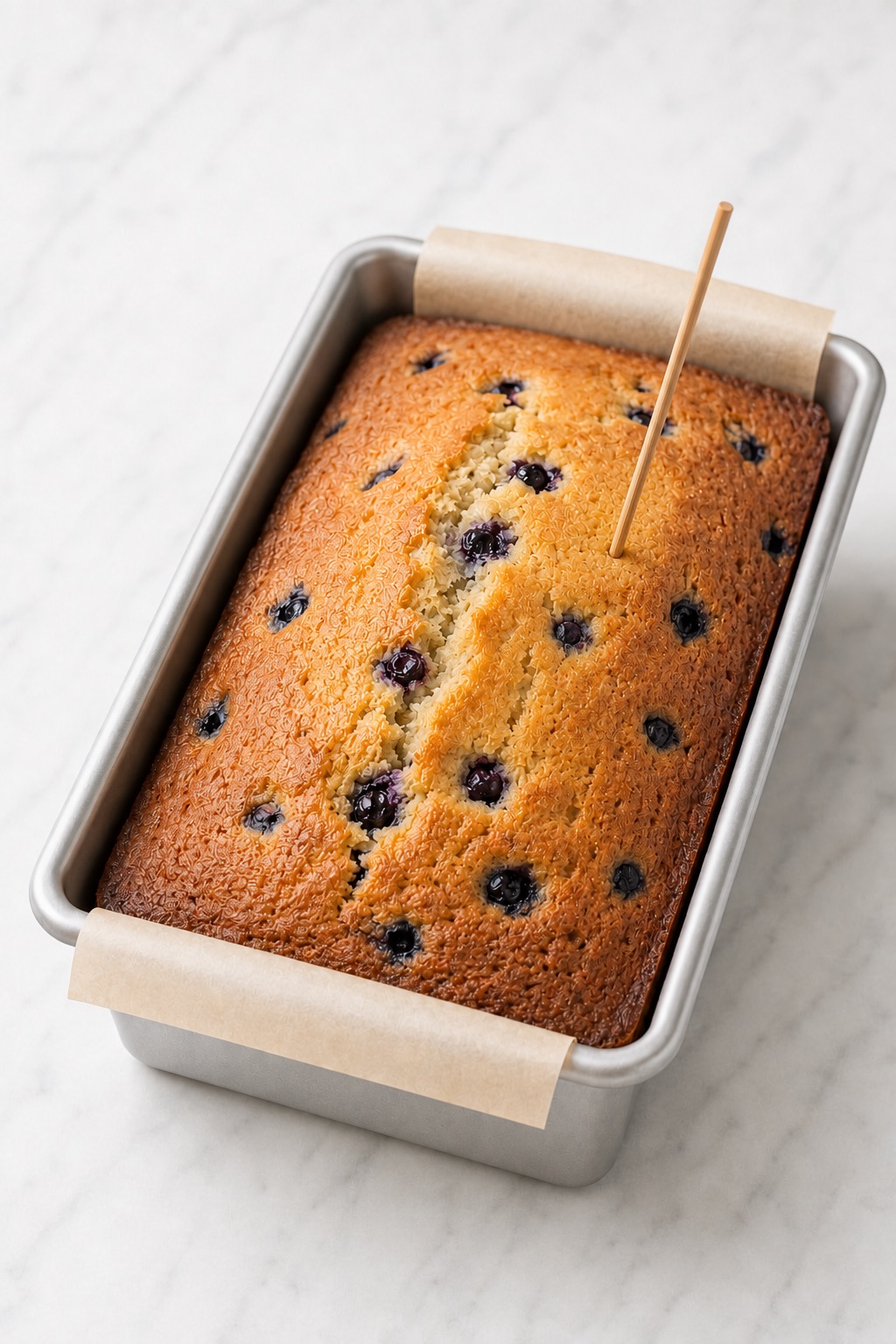 Golden domed blueberry bread in a loaf pan with a tester inserted near the center between the berries.
