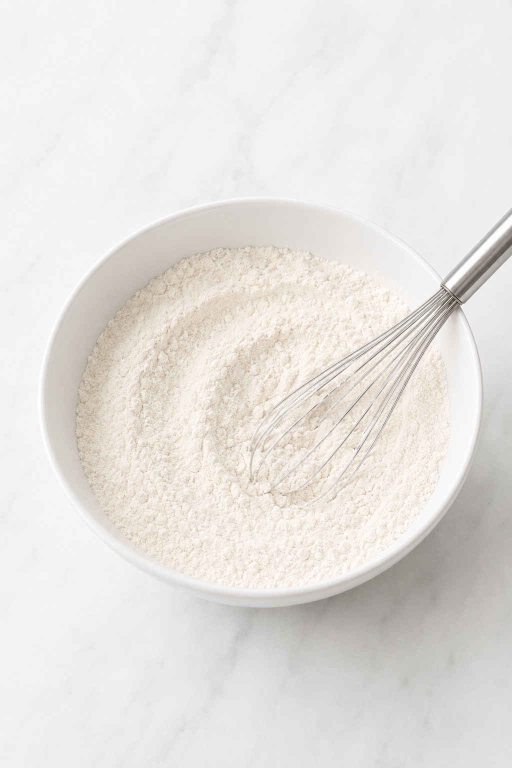 Dry ingredients for blueberry bread whisked together in a white mixing bowl.
