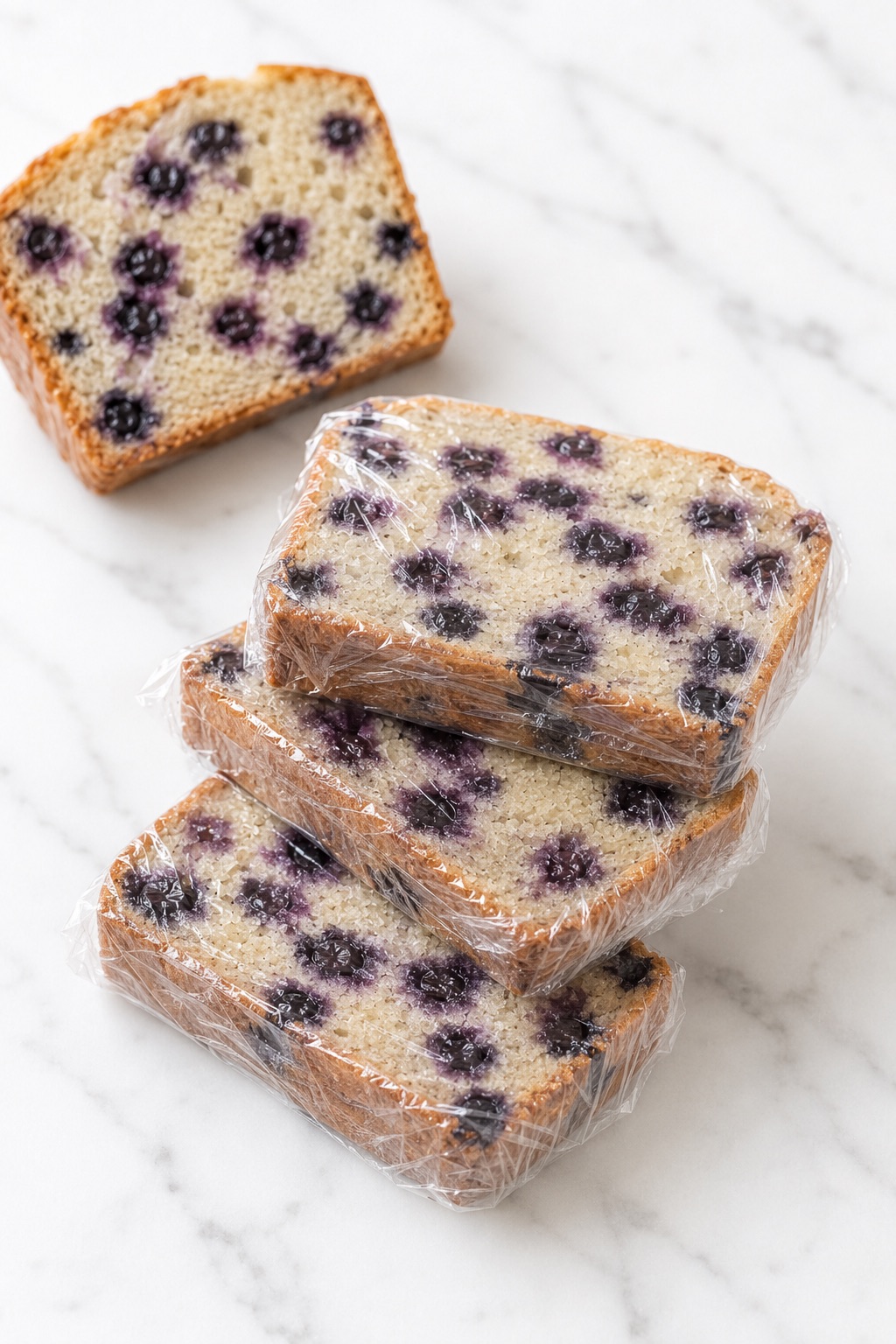 Individually wrapped blueberry bread slices arranged for freezing.