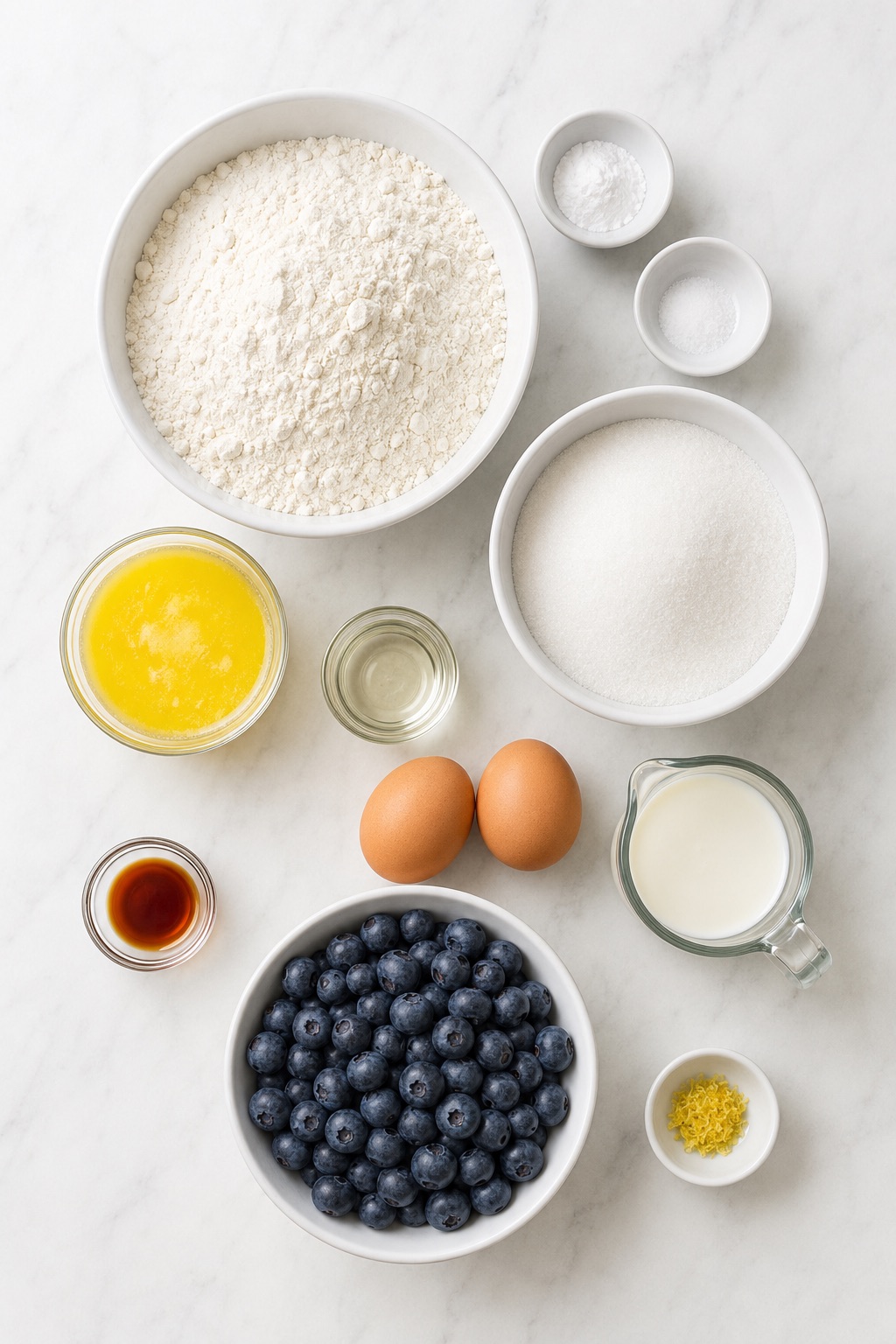 Blueberry bread ingredients arranged on white marble, including flour, sugar, butter, eggs, milk and fresh blueberries.