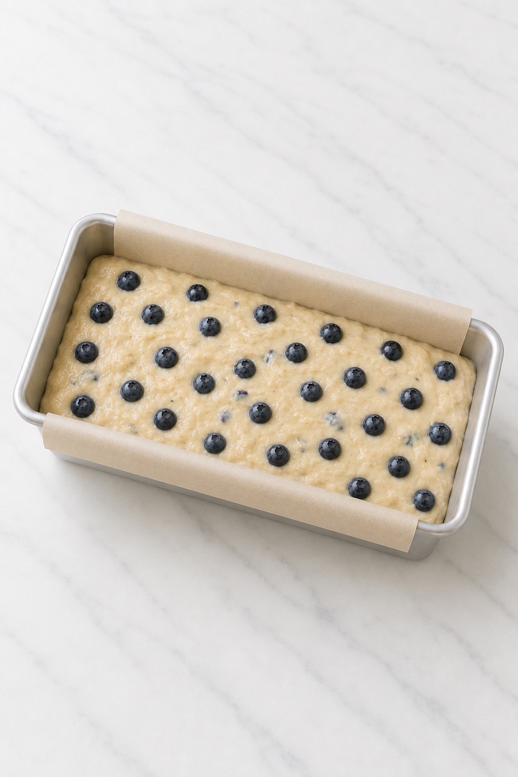 Blueberry bread batter leveled in a parchment-lined loaf pan with reserved blueberries on top.