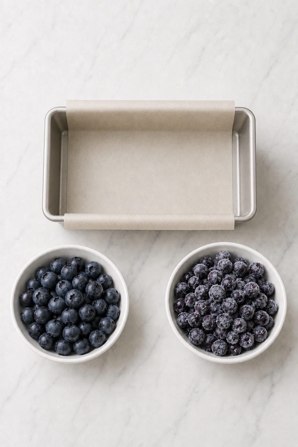 Parchment-lined 9×5-inch loaf pan beside separate bowls of fresh and frozen blueberries.