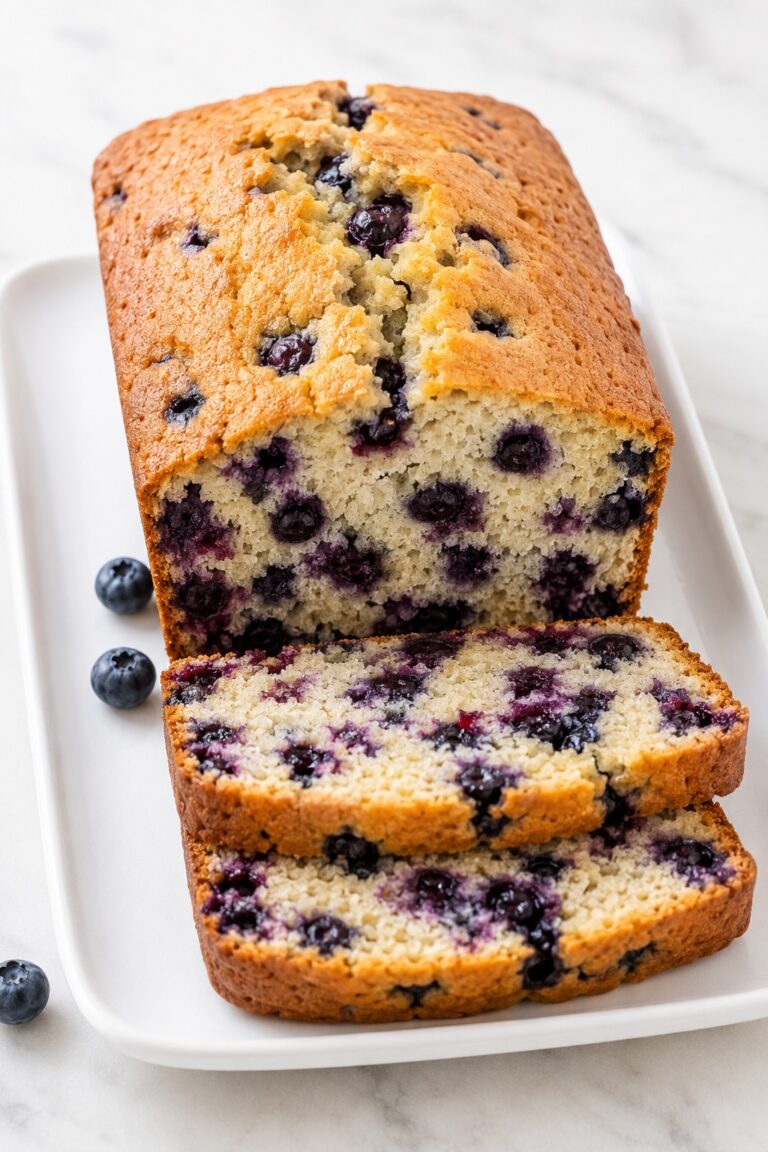 Sliced blueberry bread loaf with a golden cracked top and blueberries distributed through the tender crumb.