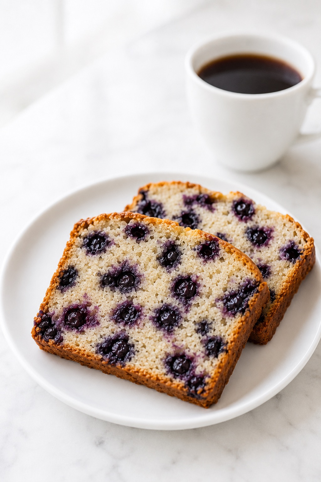 Two slices of blueberry bread on a white plate with a cup of coffee.