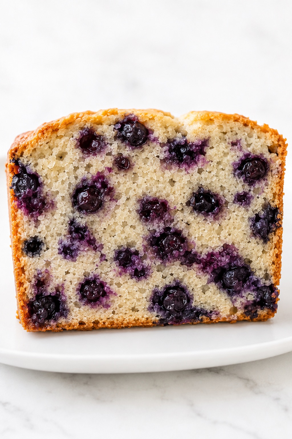 Close-up of a cooled blueberry bread slice showing fully baked tender crumb and natural berry distribution.