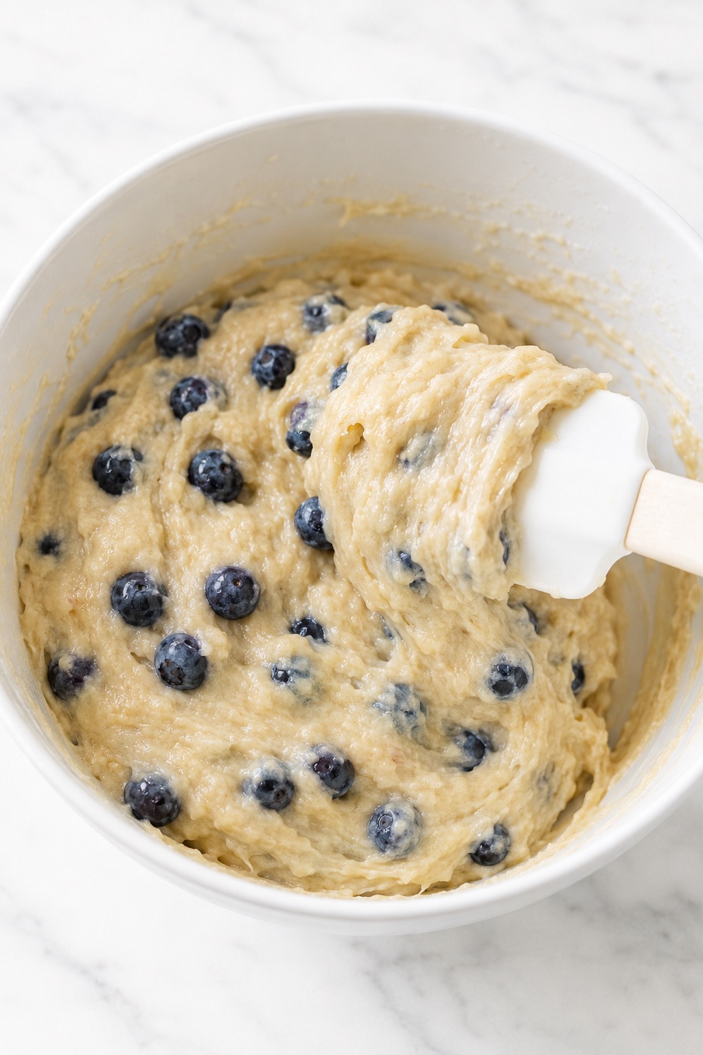 Thick blueberry bread batter being folded with a spatula, with blueberries visible throughout.