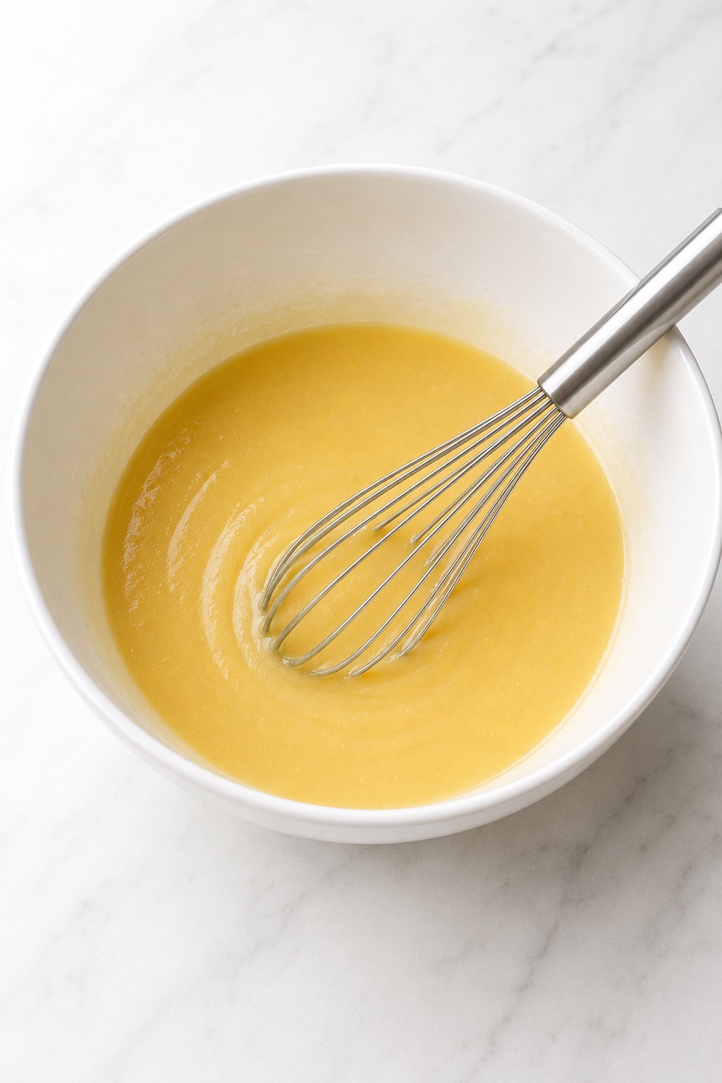 Smooth butter-and-oil wet mixture for blueberry bread with a whisk in the bowl.