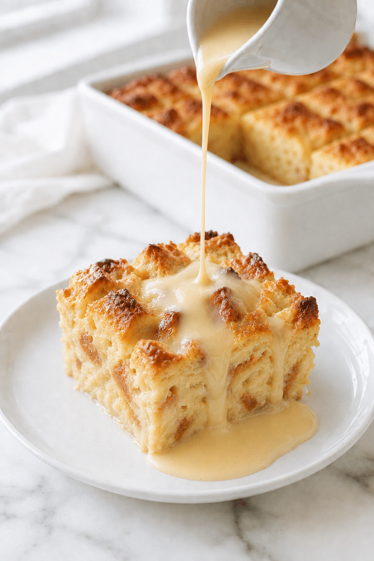 Bread pudding square topped with glossy vanilla butter sauce, showing a moist custardy brioche center