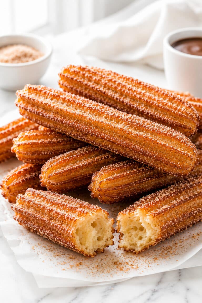 Stack of cinnamon sugar churros with two broken pieces showing the tender cooked centers