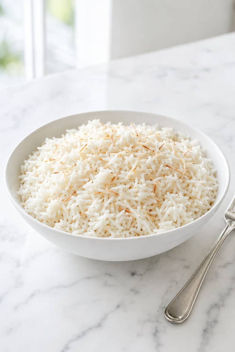 Fluffy coconut jasmine rice with tender separate grains in a white bowl