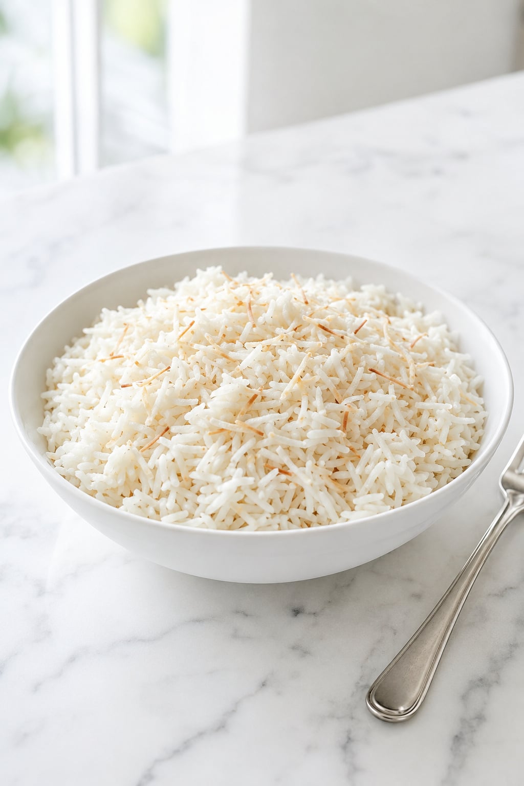 Fluffy coconut jasmine rice with tender separate grains in a white bowl