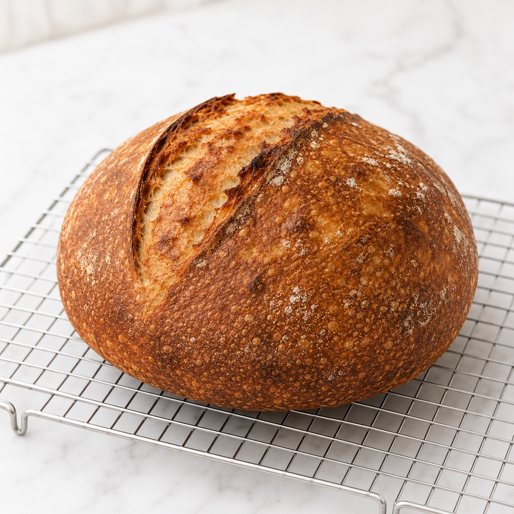 Freshly baked sourdough bread cooling completely on a wire rack