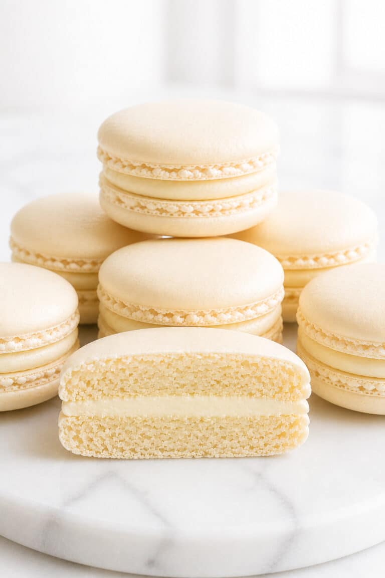 French macarons with smooth ivory shells, vanilla buttercream, and a full tender center