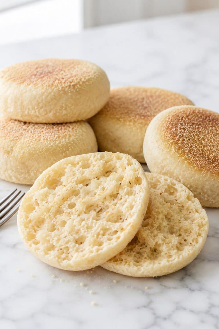 Fork-split gluten free English muffin with a soft irregular crumb in front of golden homemade muffins on white marble.