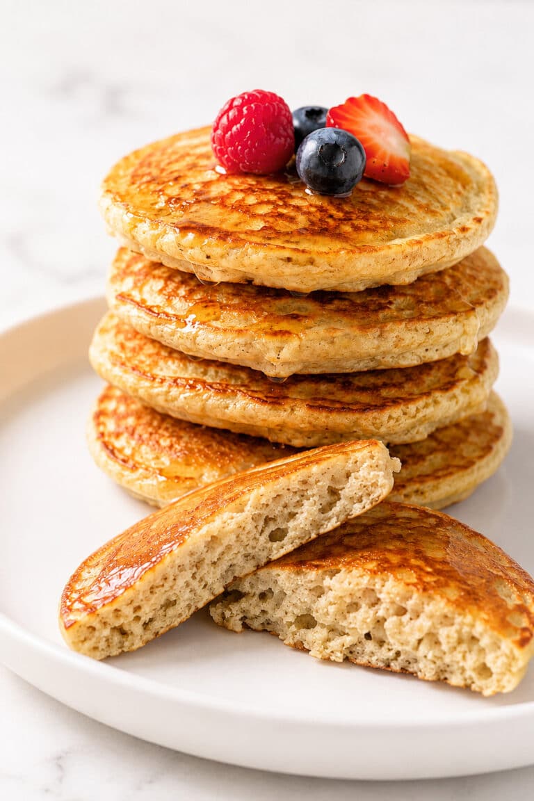 Four healthy banana-oat pancakes stacked with berries and an opened pancake showing the tender crumb