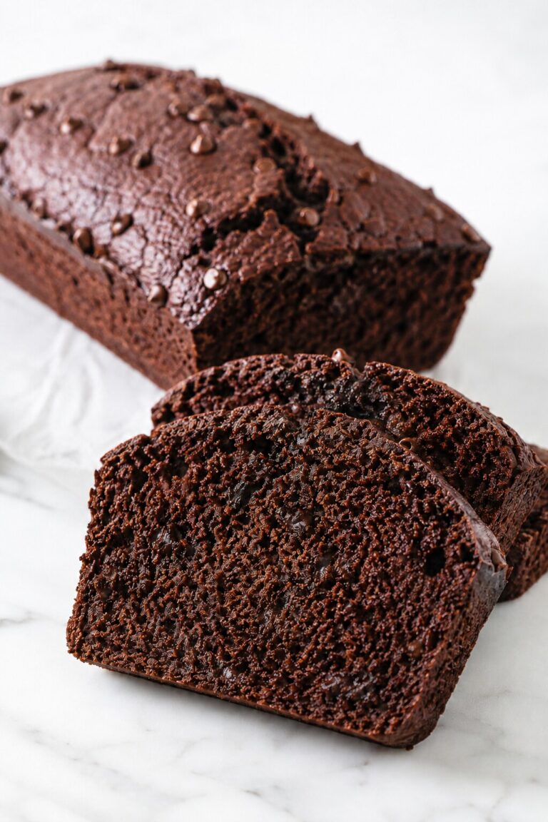 Moist healthy chocolate banana bread with mini chocolate chips and two sliced pieces showing the tender crumb