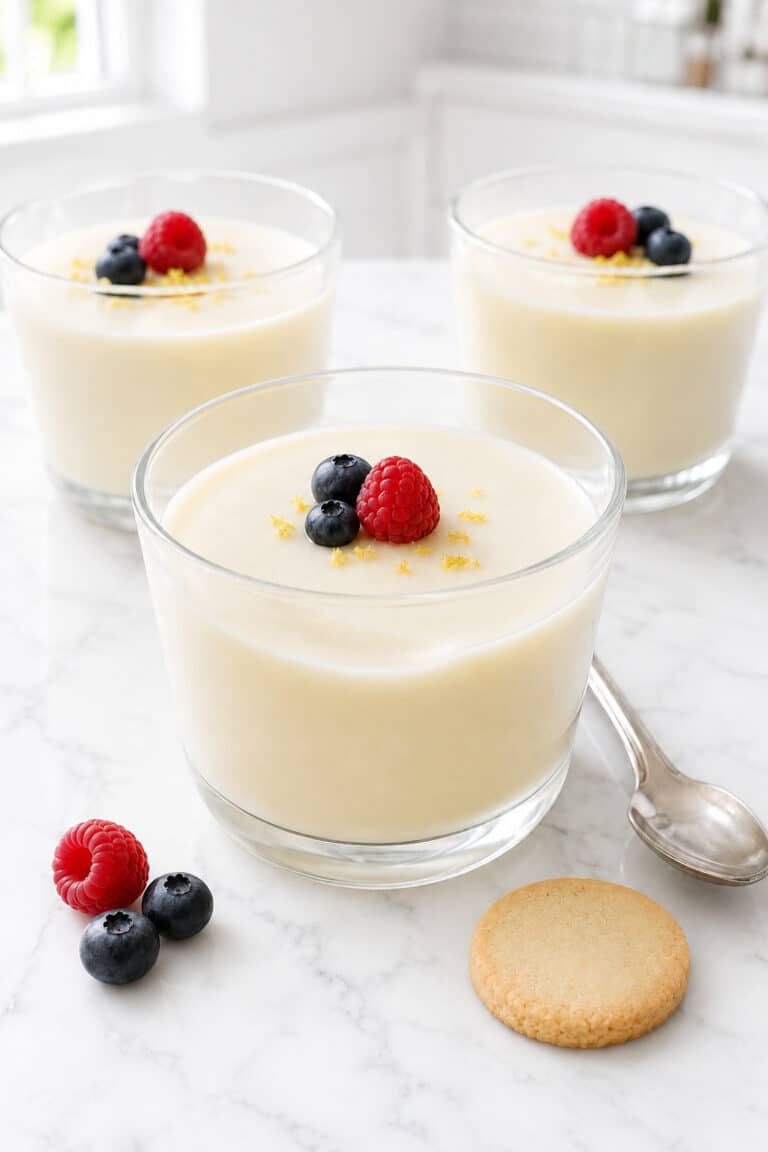 Lemon posset in clear dessert glasses with a clean spoon trail, fresh berries, and shortbread