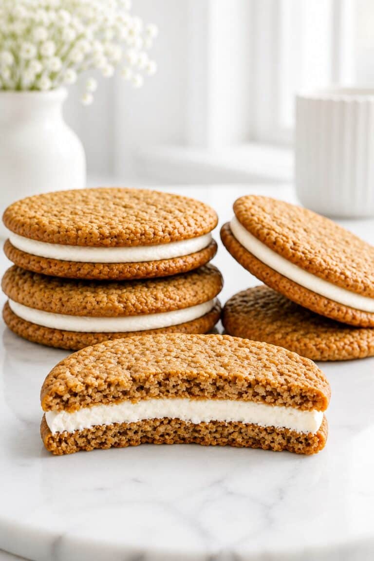 Homemade oatmeal cream pies with thin soft oatmeal cookies, an even vanilla-marshmallow filling, and one pie cut open in front