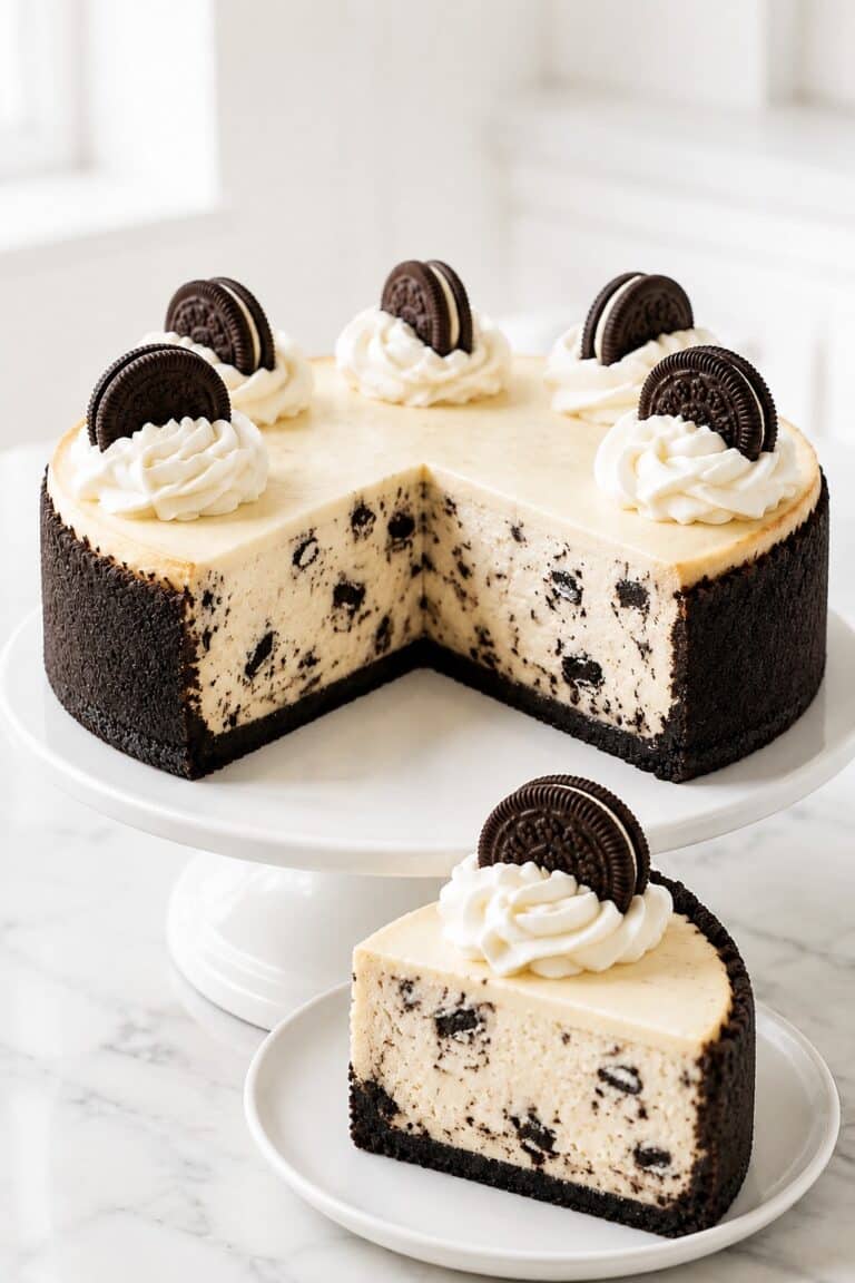 Tall baked Oreo cheesecake with one slice on a white plate, showing creamy filling, Oreo pieces, and a raised cookie crust.