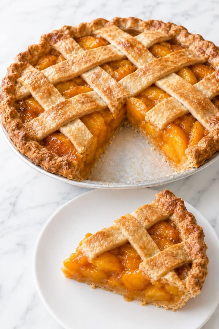 Homemade peach pie with a deeply golden six-strip lattice and a clean slice showing glossy peach filling.