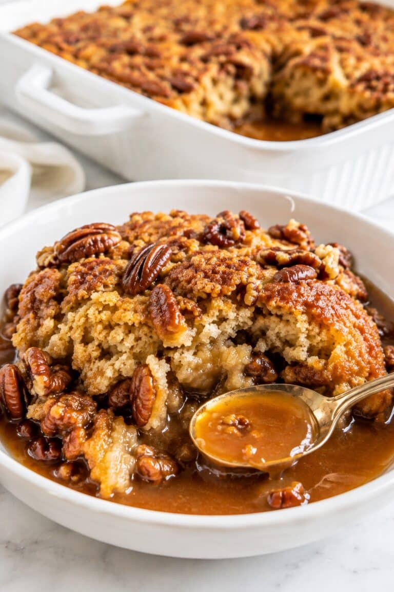 Warm Pecan Pie Cobbler serving with golden cake, pecans, and caramel sauce beside the baking dish