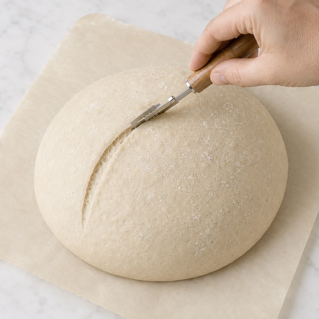 Scoring a cold sourdough boule with one angled functional cut