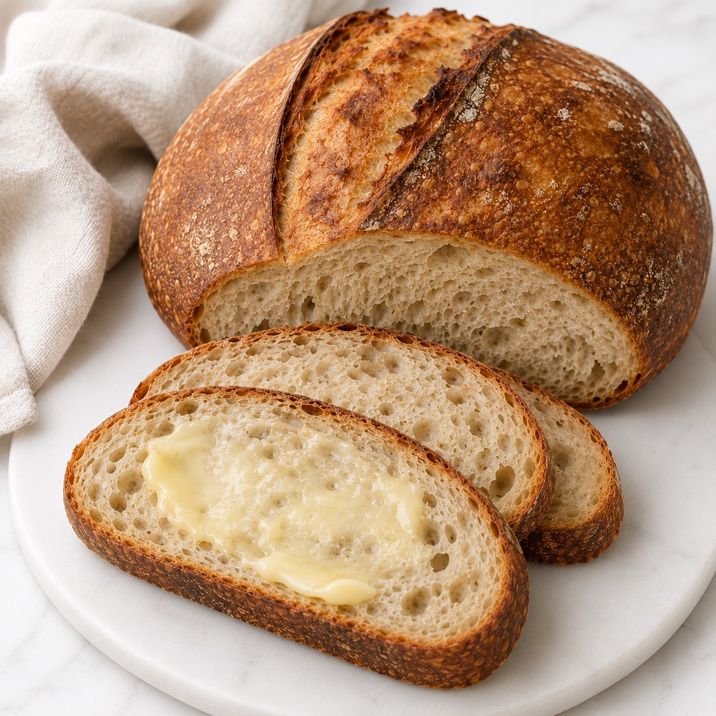 Thick slices of cooled sourdough bread served with softened salted butter