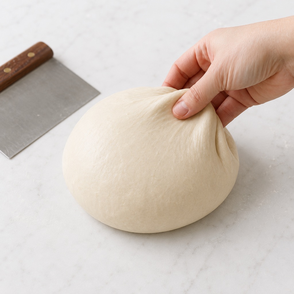 Shaping sourdough into a taut round boule without tearing the surface