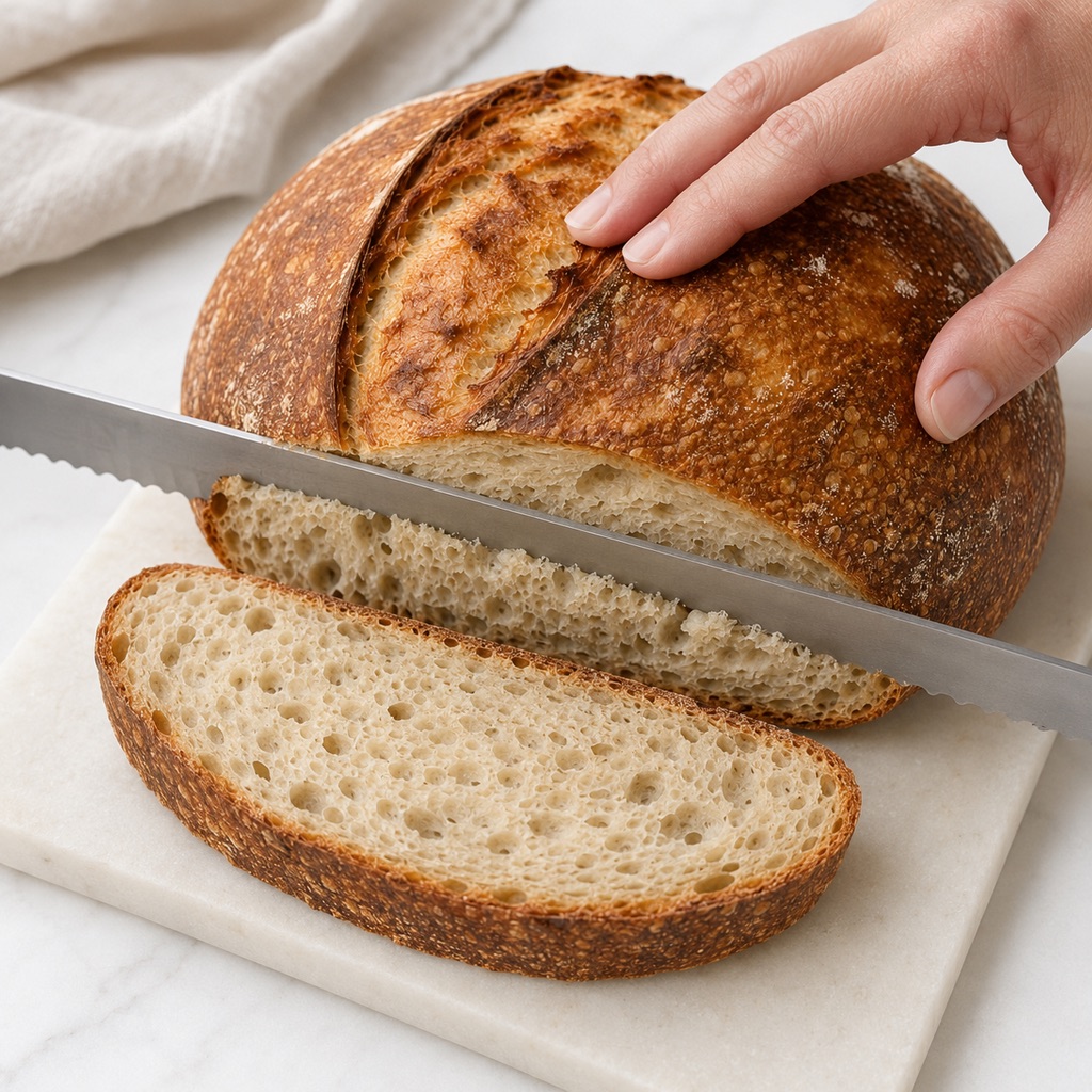 Slicing a fully cooled sourdough boule into even slices with a serrated knife