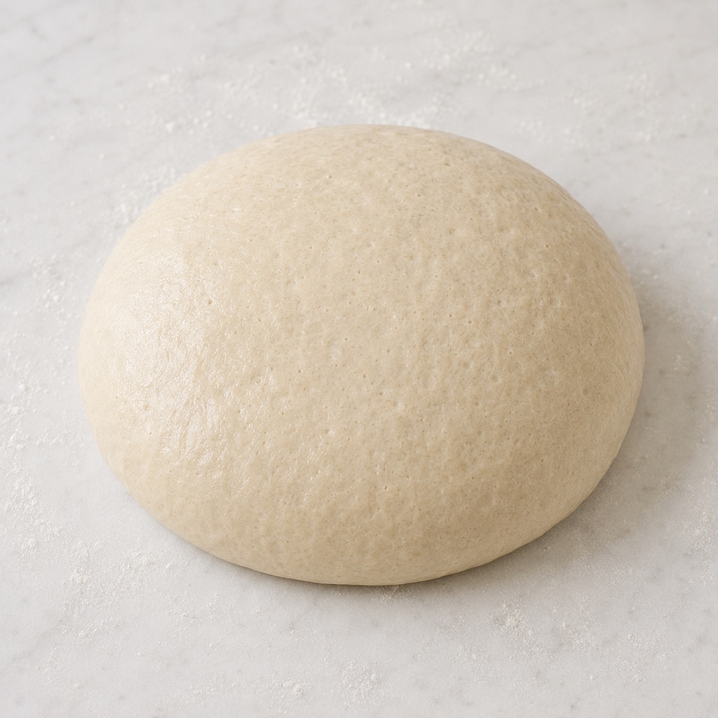Relaxed sourdough round holding its shape after the bench rest