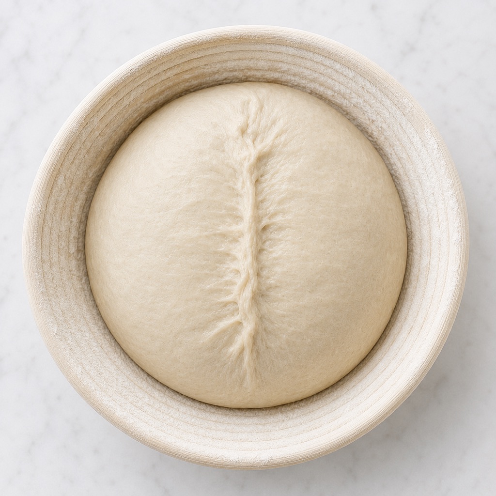 Taut sourdough boule resting seam-side up in a rice-floured banneton