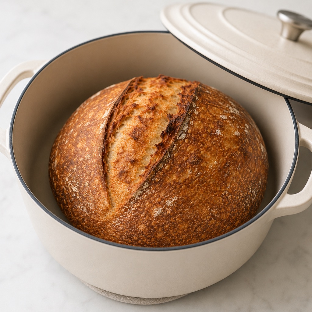 Fully baked sourdough bread with a deep chestnut crust in a Dutch oven