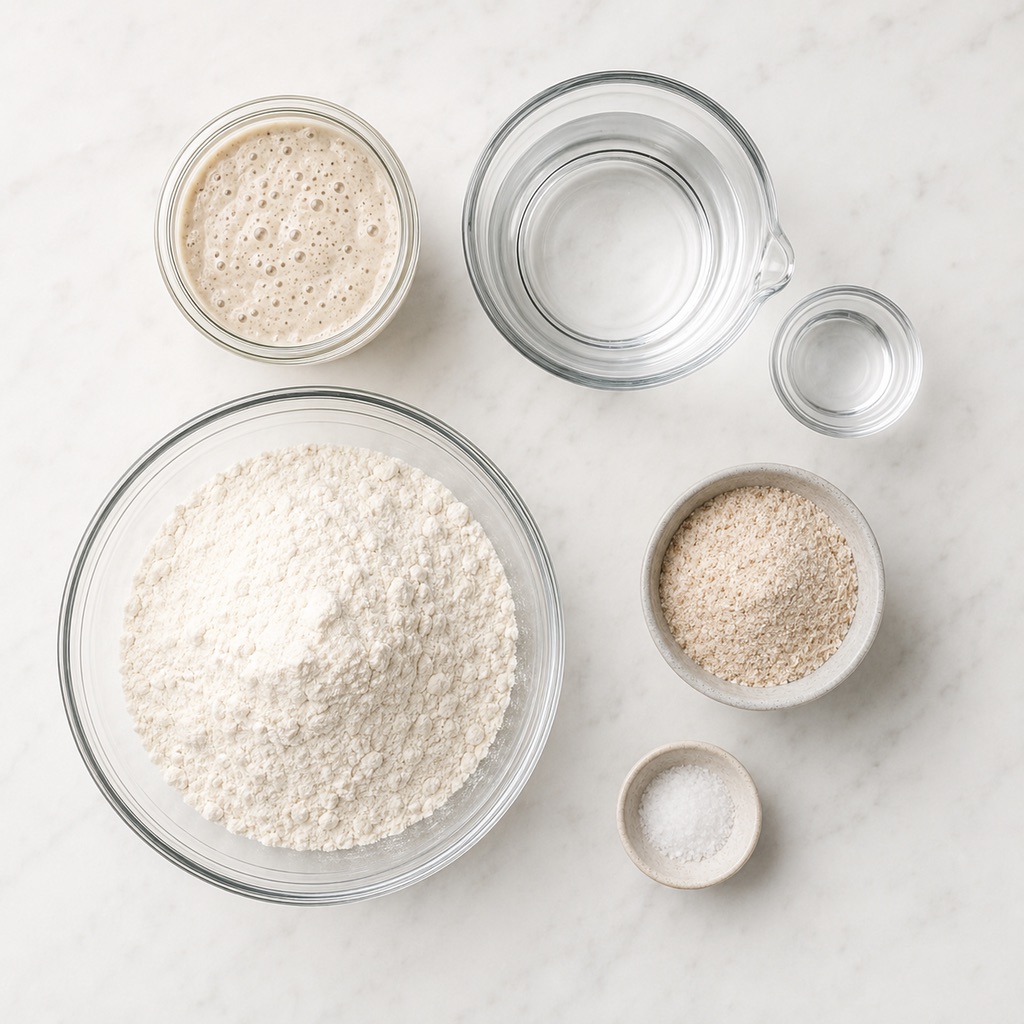 Active starter, water, bread flour, whole-wheat flour, and sea salt for sourdough bread