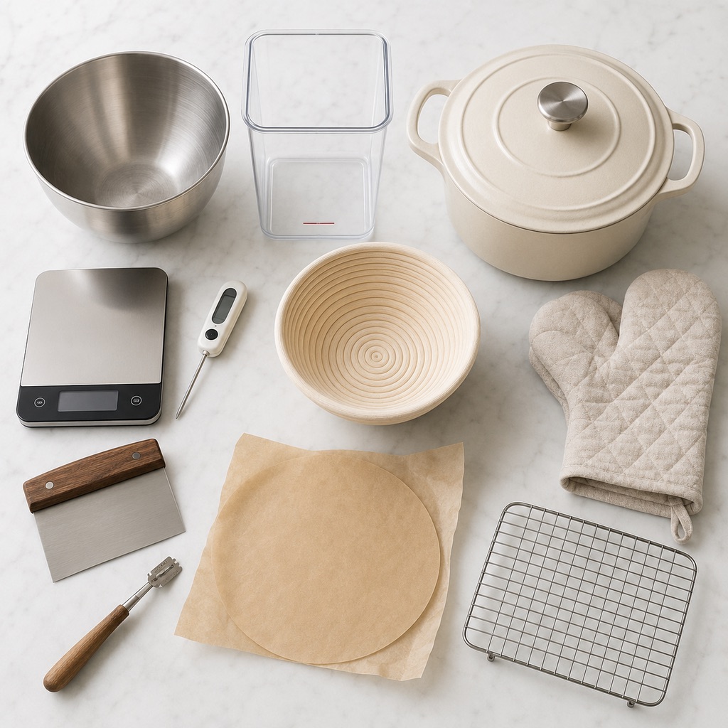 Tools used to mix, ferment, shape, score, bake, and cool sourdough bread