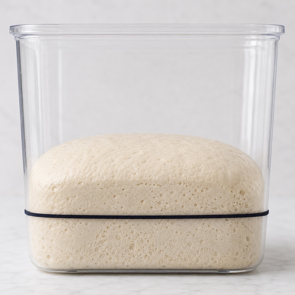 Sourdough at the end of bulk fermentation with a 40 to 50 percent rise and visible bubbles
