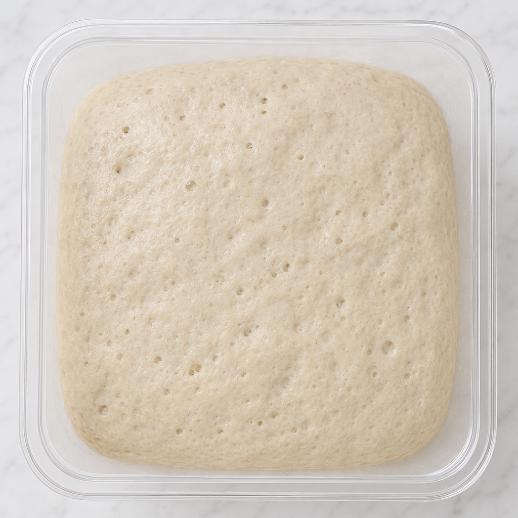 Smooth aerated sourdough with surface bubbles at the end of bulk fermentation