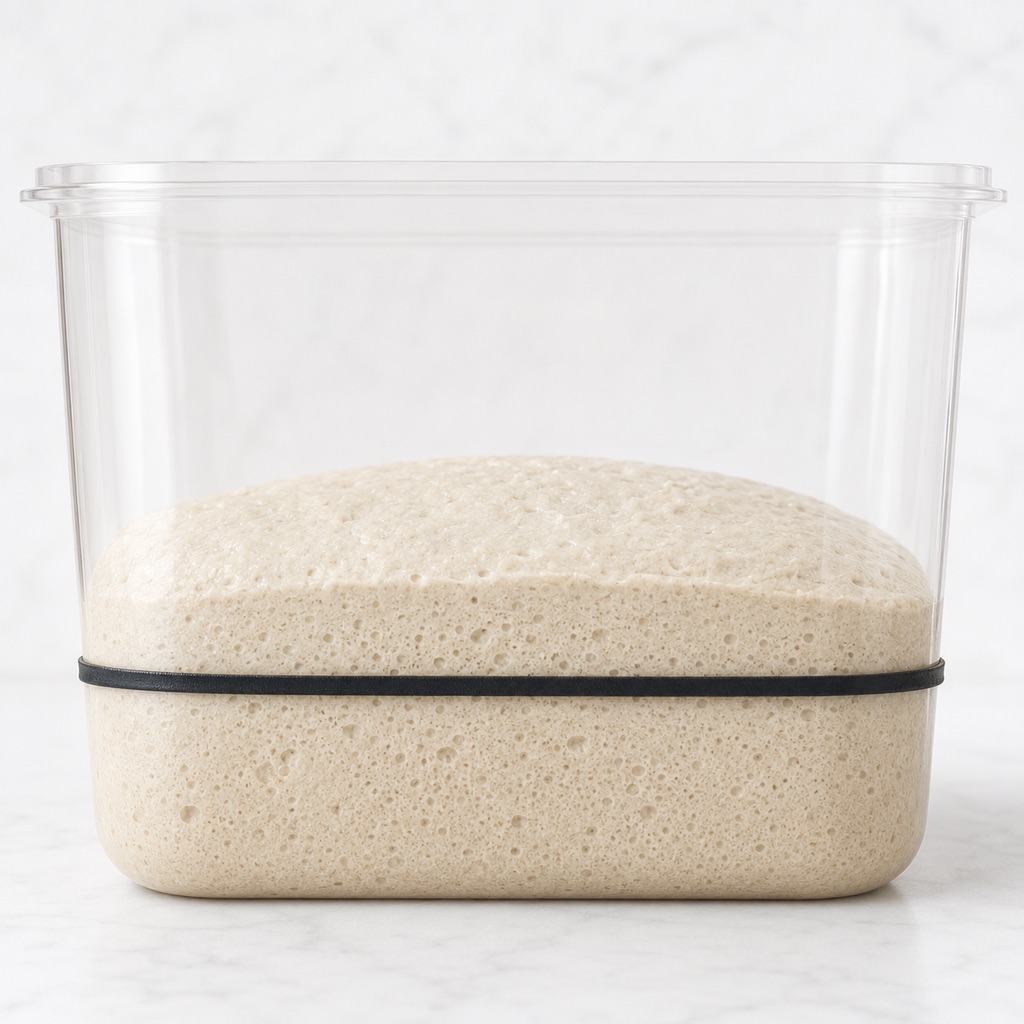 Side view of aerated sourdough after a 40 to 50 percent bulk rise