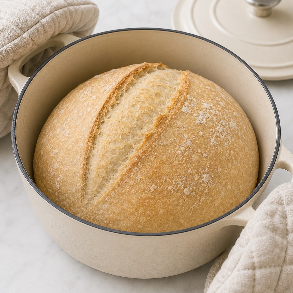 Sourdough loaf expanded through the score after the covered baking phase