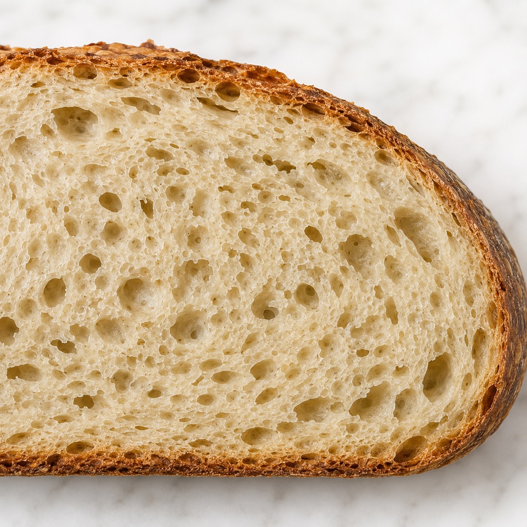 Moist tender-chewy sourdough crumb with small and medium irregular holes