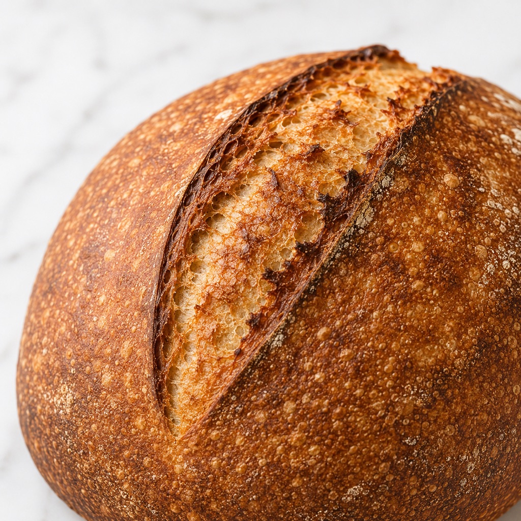 Close view of the crisp crust, opened score, and oven spring on sourdough bread