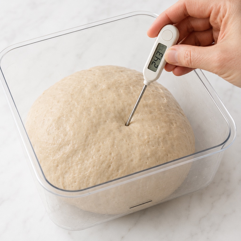 Checking sourdough dough temperature at the beginning of bulk fermentation