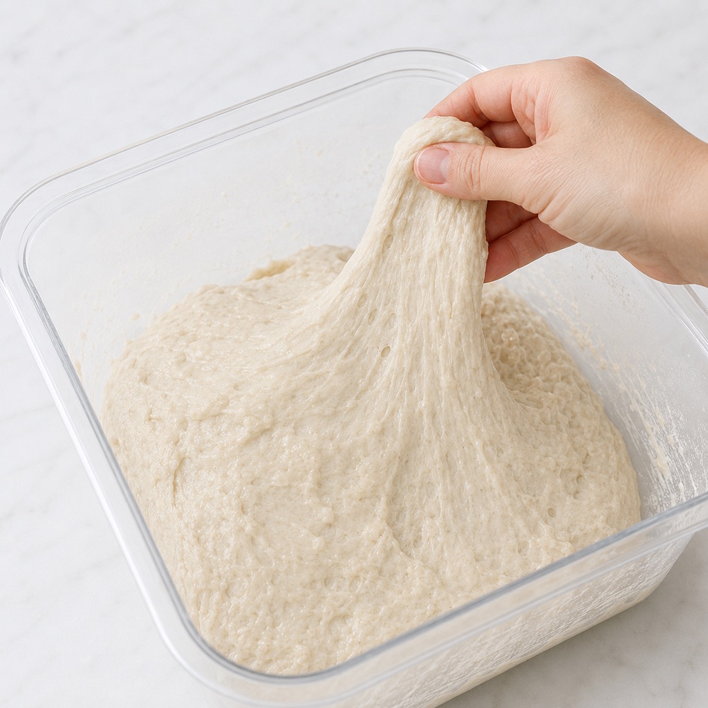 First stretch-and-fold set on loose sourdough dough