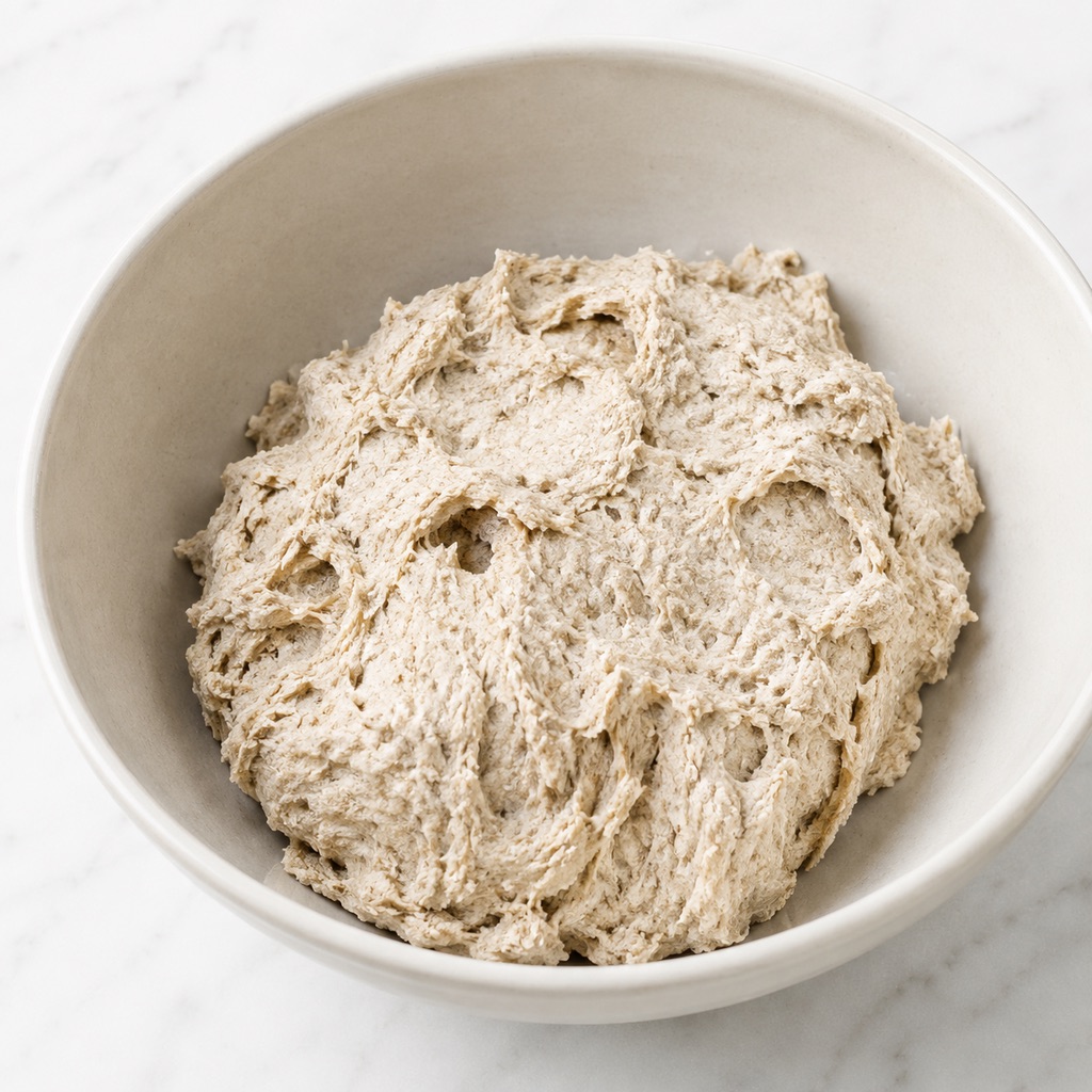 Rough cohesive flour and water mixture before the sourdough starter is added