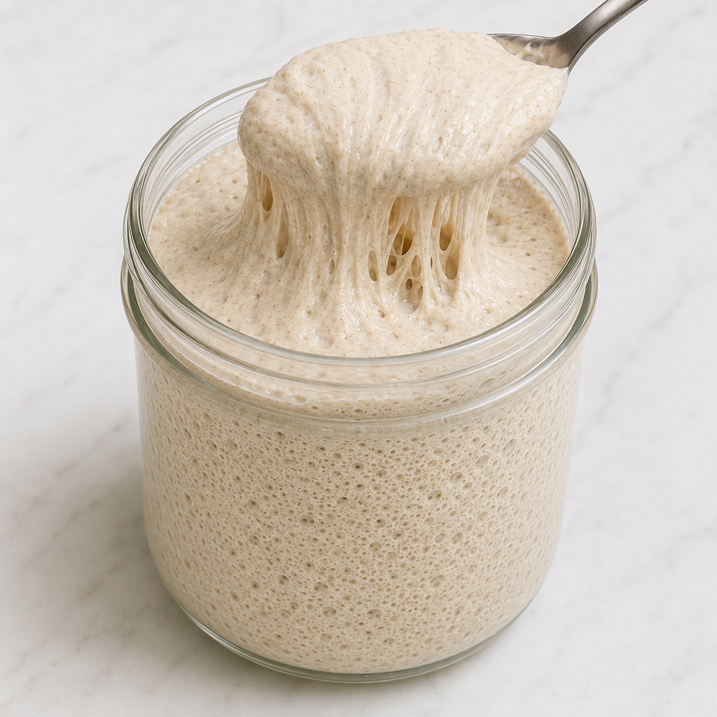 Ripe sourdough starter at peak activity before mixing the bread dough