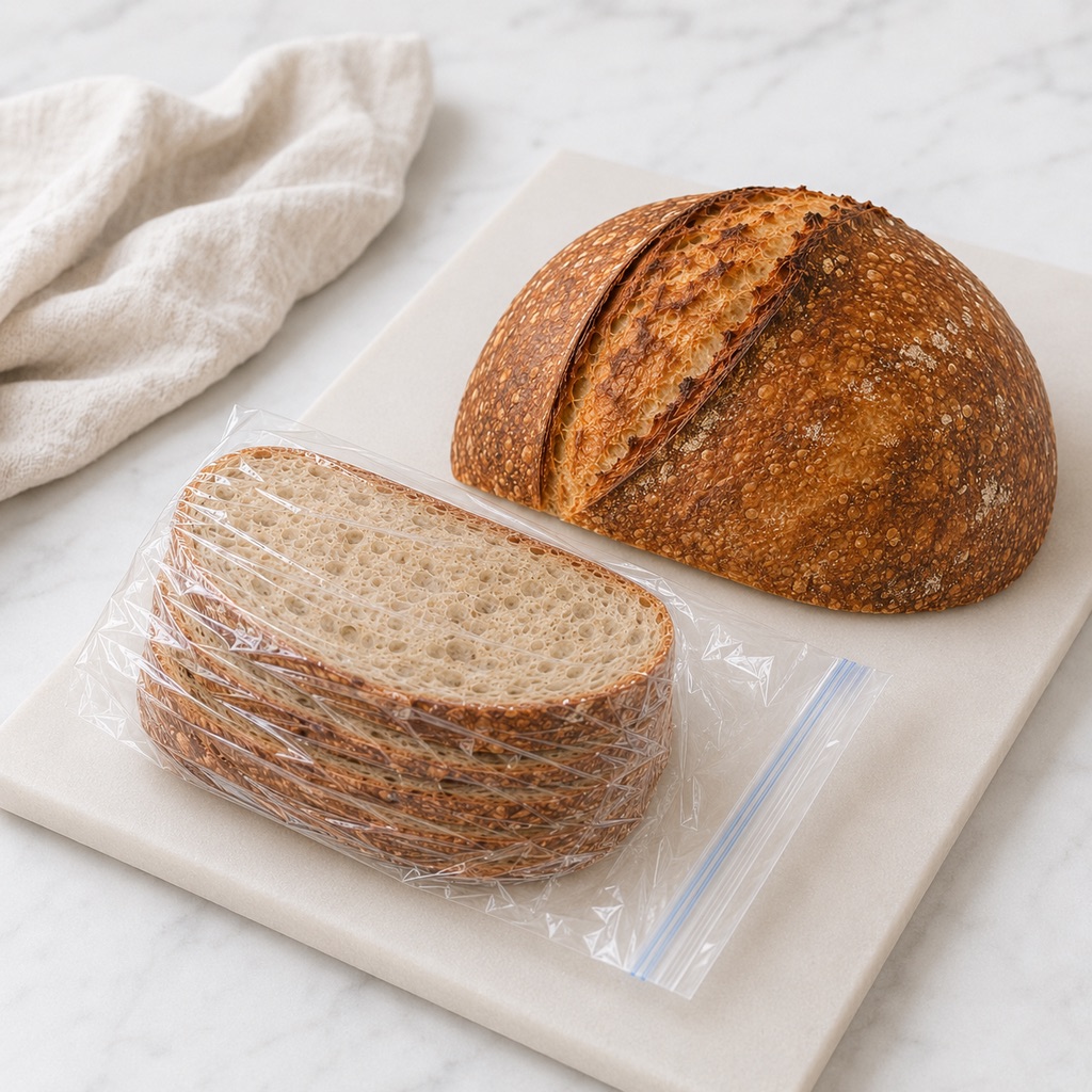 Cooled sourdough stored cut-side down with wrapped slices ready for freezing