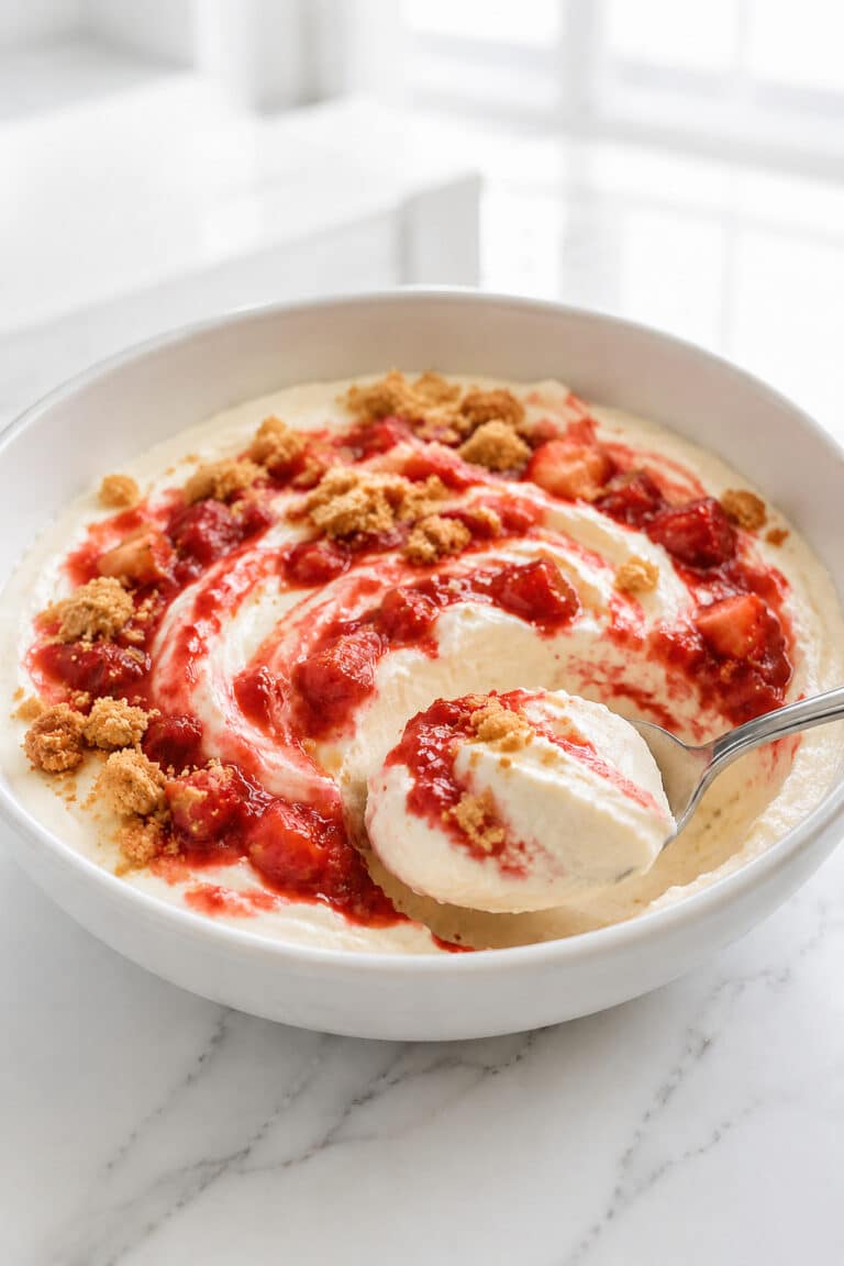 Creamy strawberry cheesecake bowl with fresh strawberry swirl and buttery graham clusters