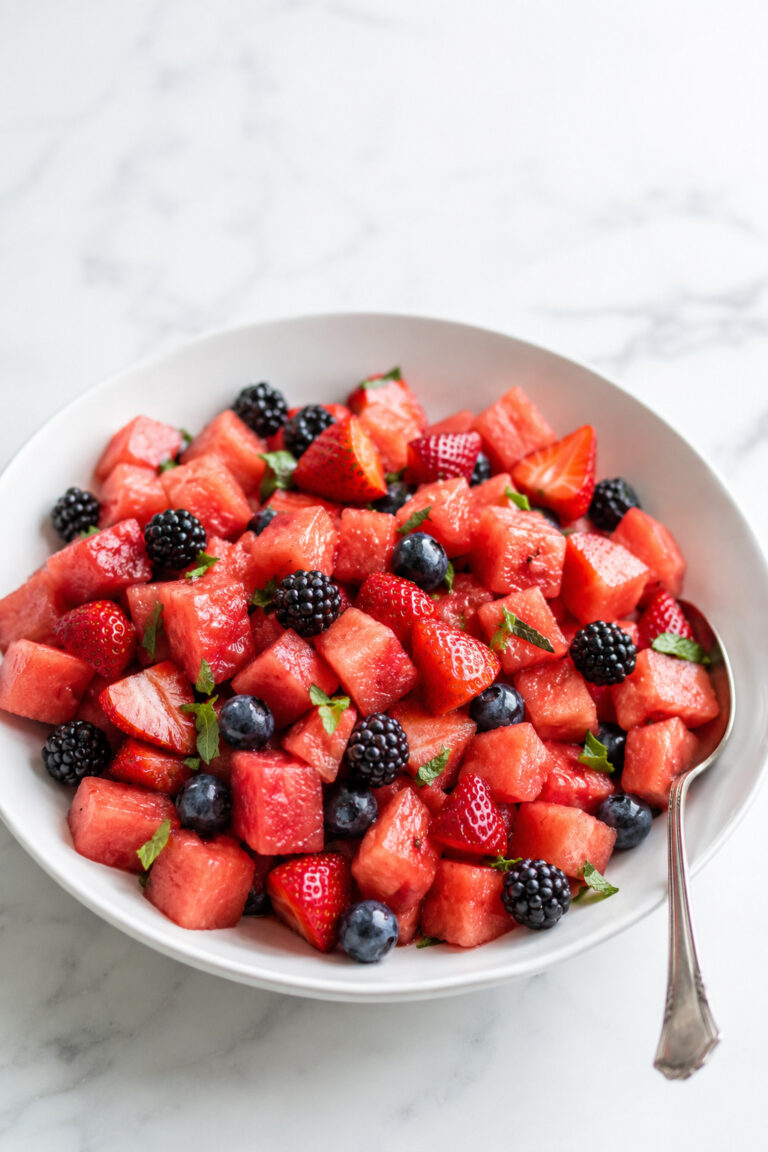 Watermelon fruit salad with strawberries, blueberries, blackberries, mint, and honey-lime dressing in a white bowl