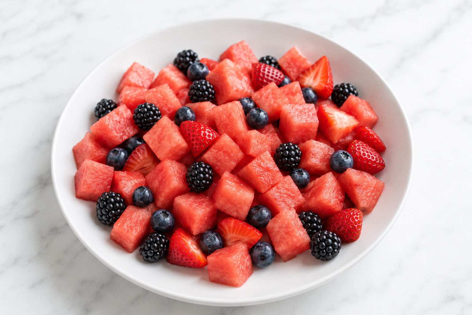 Watermelon, strawberries, blueberries, and blackberries combined in a bowl before dressing