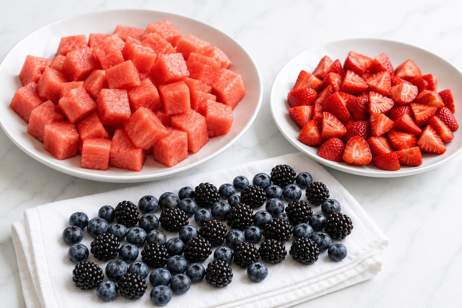 Chilled watermelon cubes and freshly washed berries drying completely before assembling the fruit salad