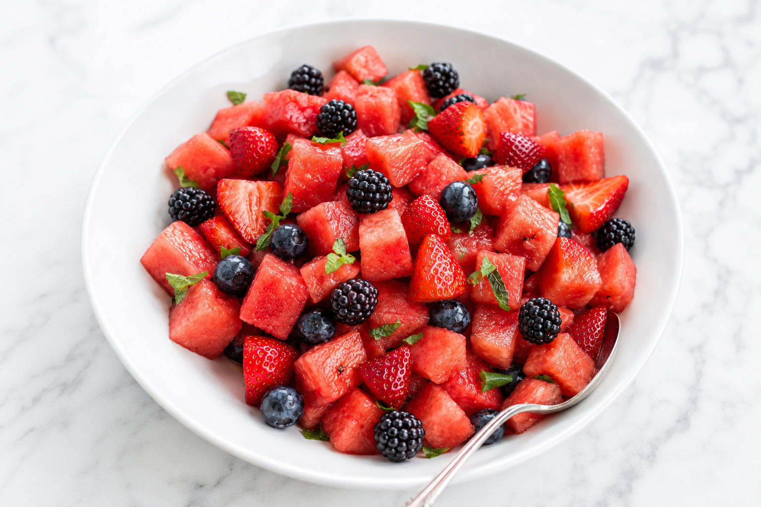 Finished watermelon fruit salad with fresh mint and a light honey-lime gloss